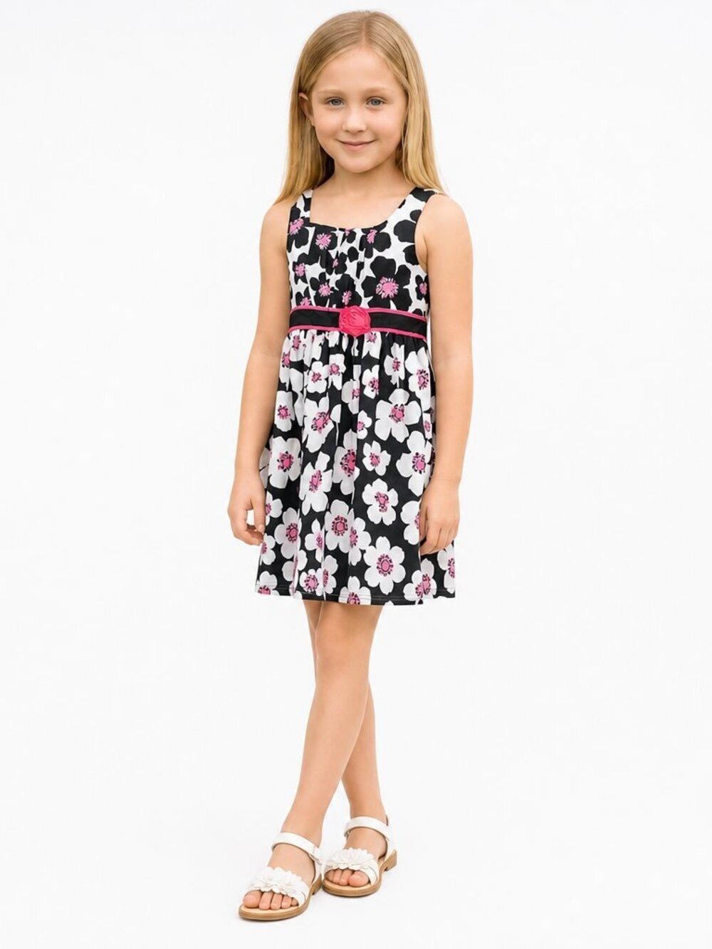 Emily West Girls Floral Sleeveless Dress Black White Pink Size 8